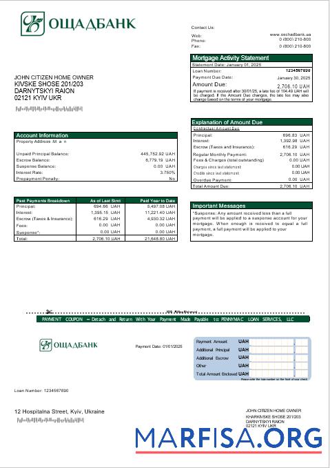 Realistic Ukrainian Oshadbank mortgage statement in Word and PDF formats download for verification